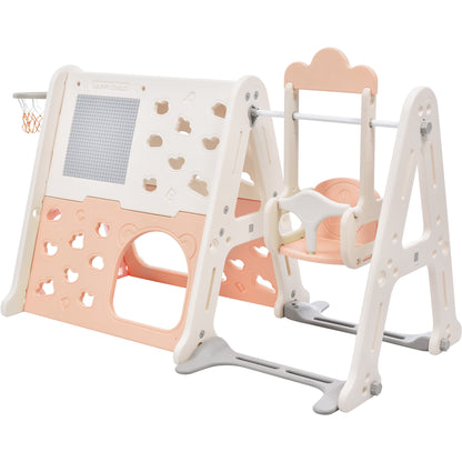 6-in-1 Toddler Climber and Swing Set Kids Playground Climber Swing Playset with Tunnel, Climber, Whiteboard,Toy Building Block Baseplates, Basketball Hoop Combination for Babies