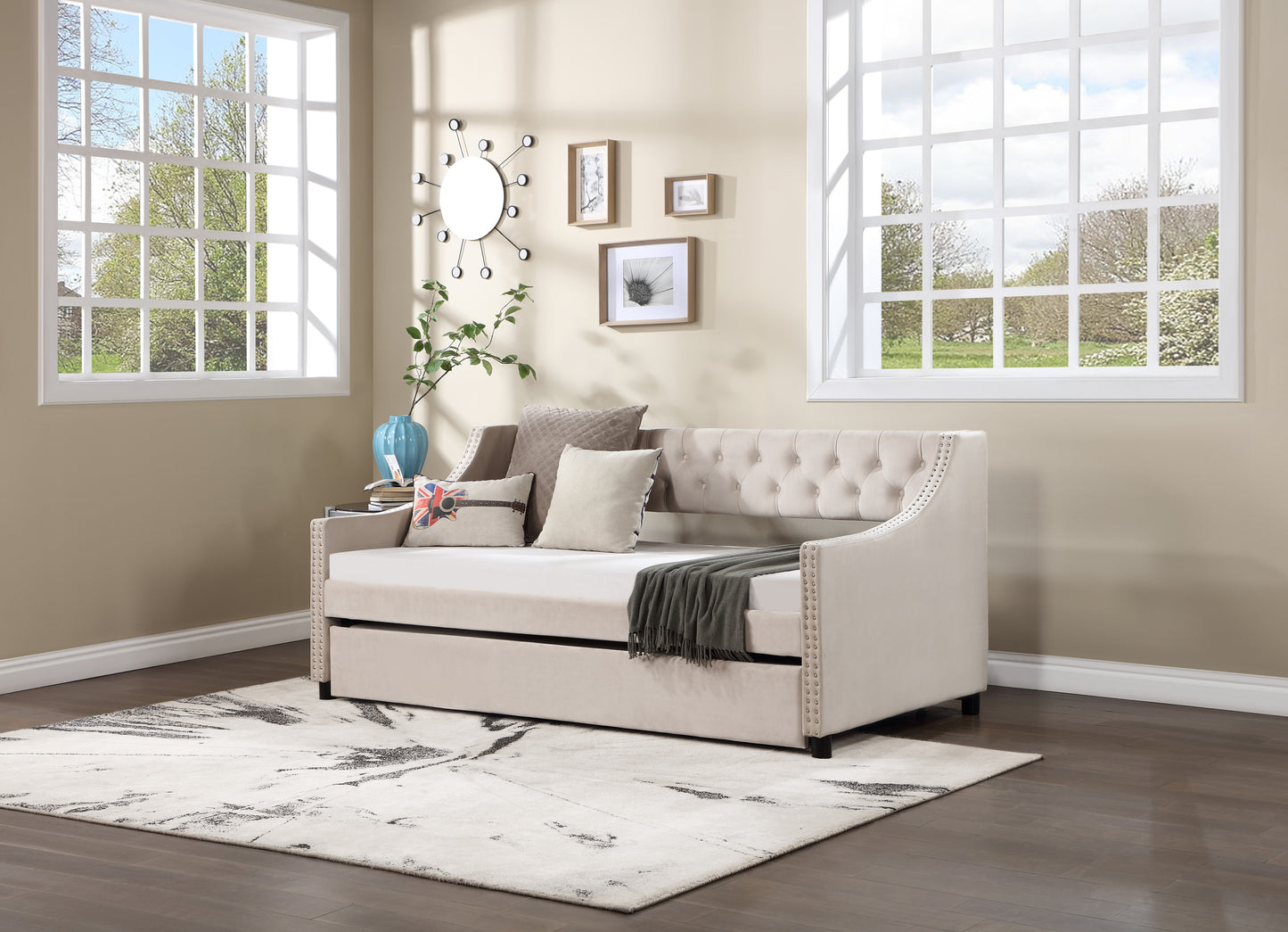 Daybed with Trundle Upholstered Tufted Sofa Bed, with Button and Copper Nail on Arms，both full Size Beige