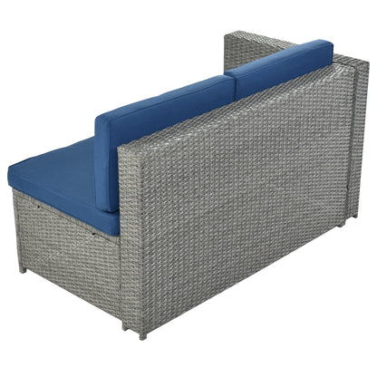 U_Style 9 Piece Rattan Sectional Seating Group with Cushions and Ottoman, Patio Furniture Sets, Outdoor Wicker Sectional, Grey Ratten+Blue Cushions