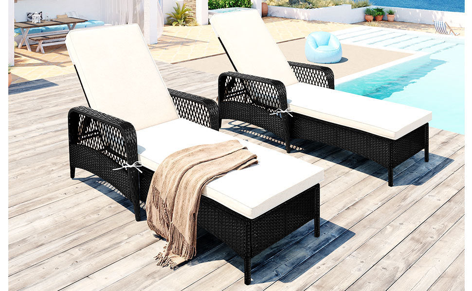 GO Outdoor patio pool PE rattan wicker chair wicker sun lounger, Adjustable backrest, beige cushion, Black wicker (2 sets)