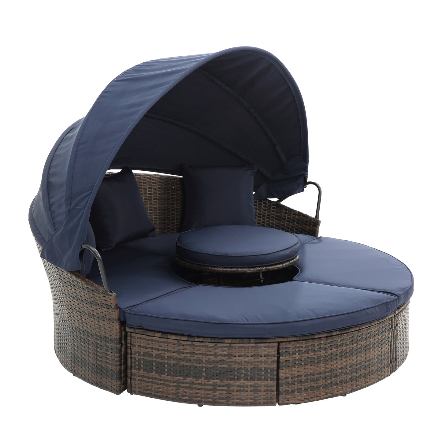 Hot Sale KD Rattan Round Lounge With Canopy Bali Canopy Bed Outdoor, Wicker Outdoor Sofa Bed with lift coffee table