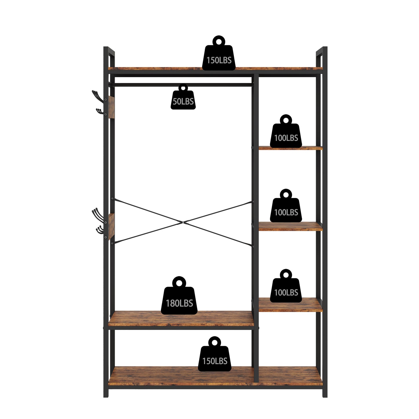 JHX Organized Garment Rack with Storage, Free-Standing Closet System with Open Shelves and Hanging Rod(Rustic Brown,43.7’’w x 15.75’’d x 70.08’’h).