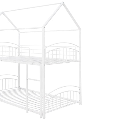 Twin Over Twin Metal Bunk Bed With Slide,Kids House Bed White