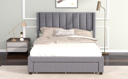 Full Size Upholstered Platform Bed with One Large Drawer in the Footboard and Drawer on Each Side,Gray