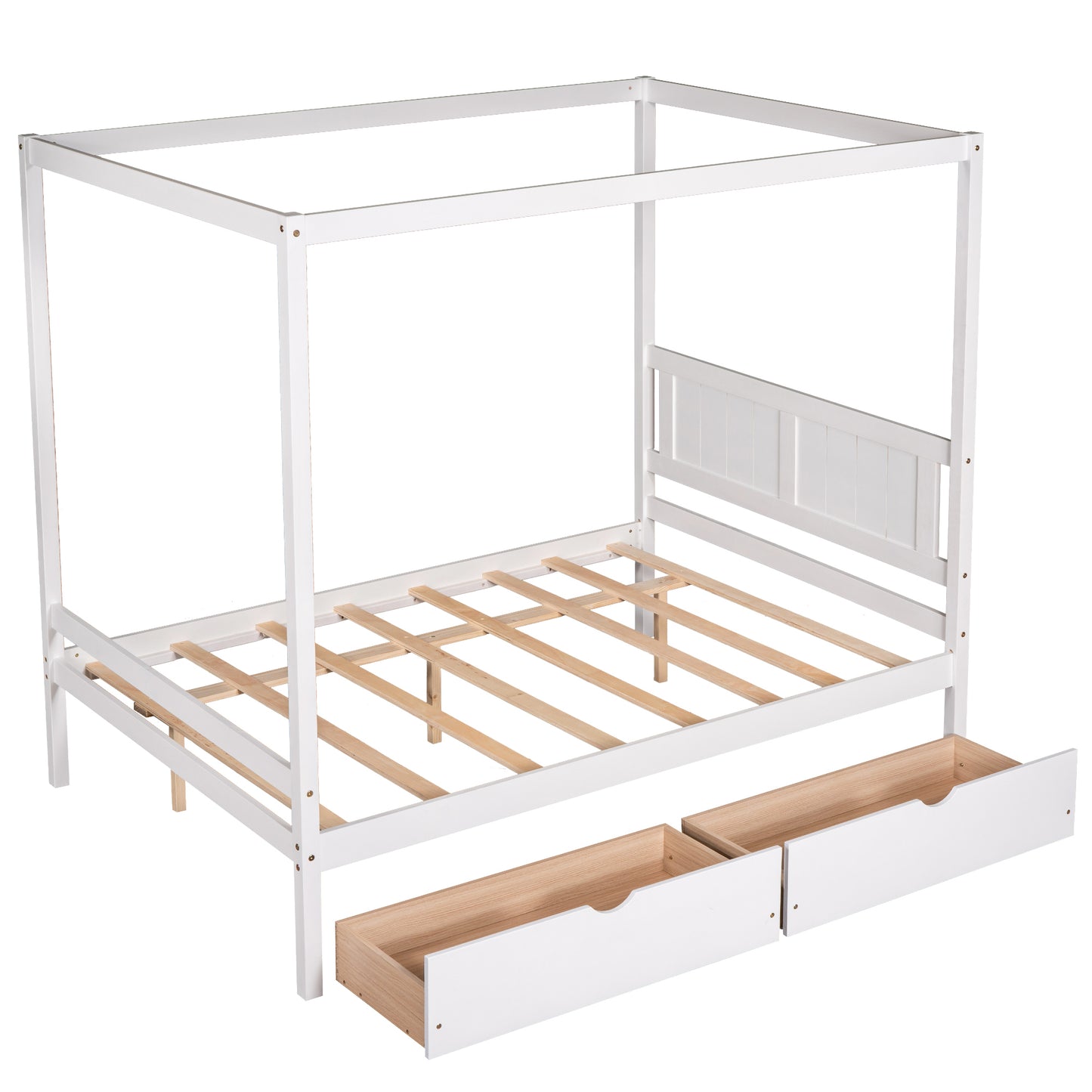 Full Size Canopy Platform Bed with Two Drawers,With Slat Support Leg,White