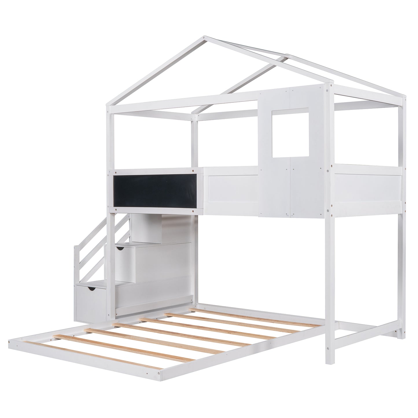 Twin over Full House Bunk Bed with Storage Staircase and Blackboard,White