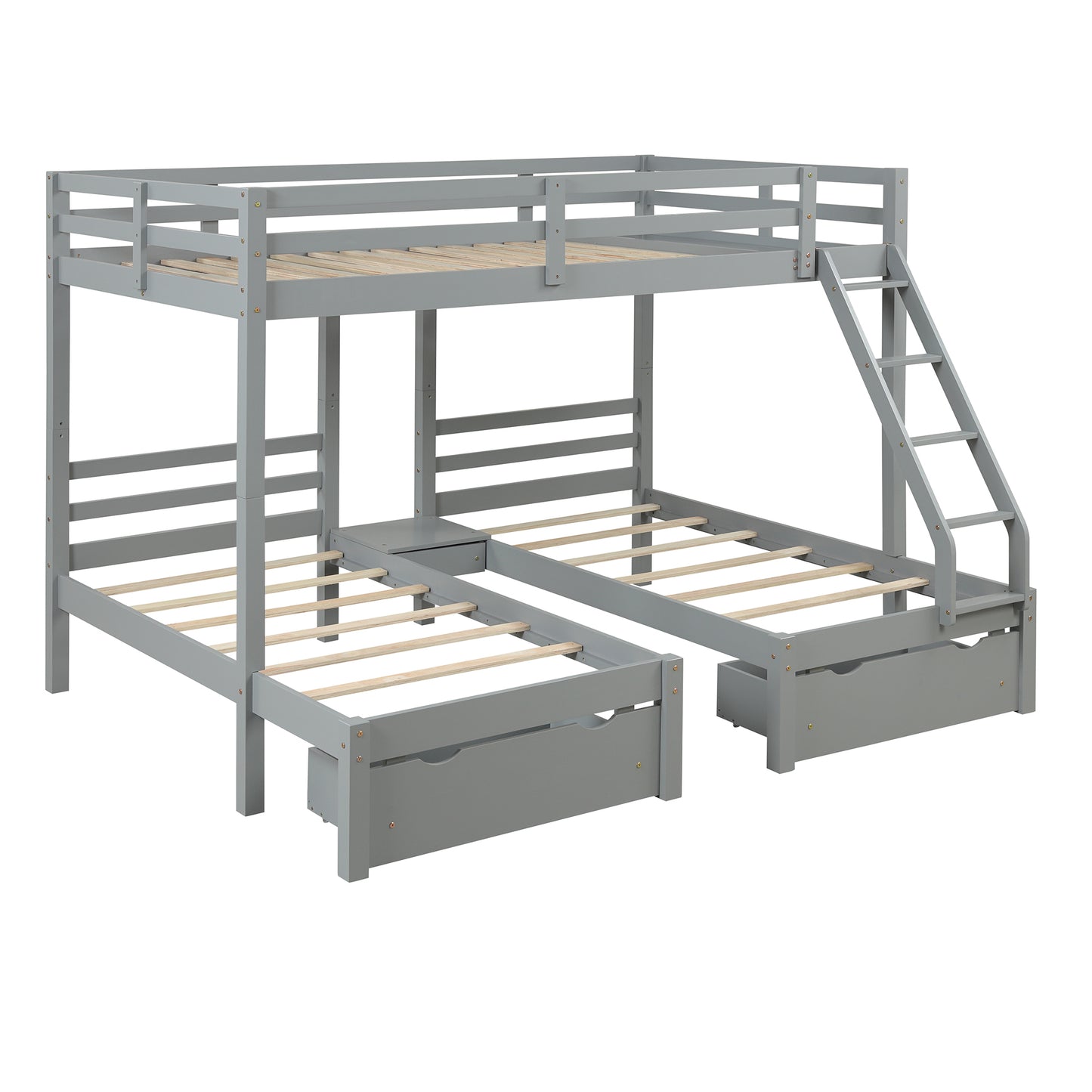 Solid Wood Full over  Twin & Twin Bunk Bed with 3 Storage Drawers, Grey (96.8”x79”x68.3”)