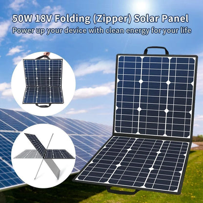 50W 18V Portable Solar Panel, Foldable Solar Charger with 5V USB 18V DC Output Compatible with Portable Generator, Smartphones, Tablets and More