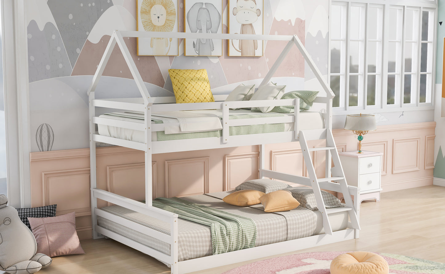 Twin over Full House Bunk Bed with Built-in Ladder,White