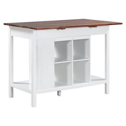 TOPMAX Farmhouse Stationary Wood Dining Table Drop Leaf Kitchen Island with Storage Shelves, Dark Walnut+White