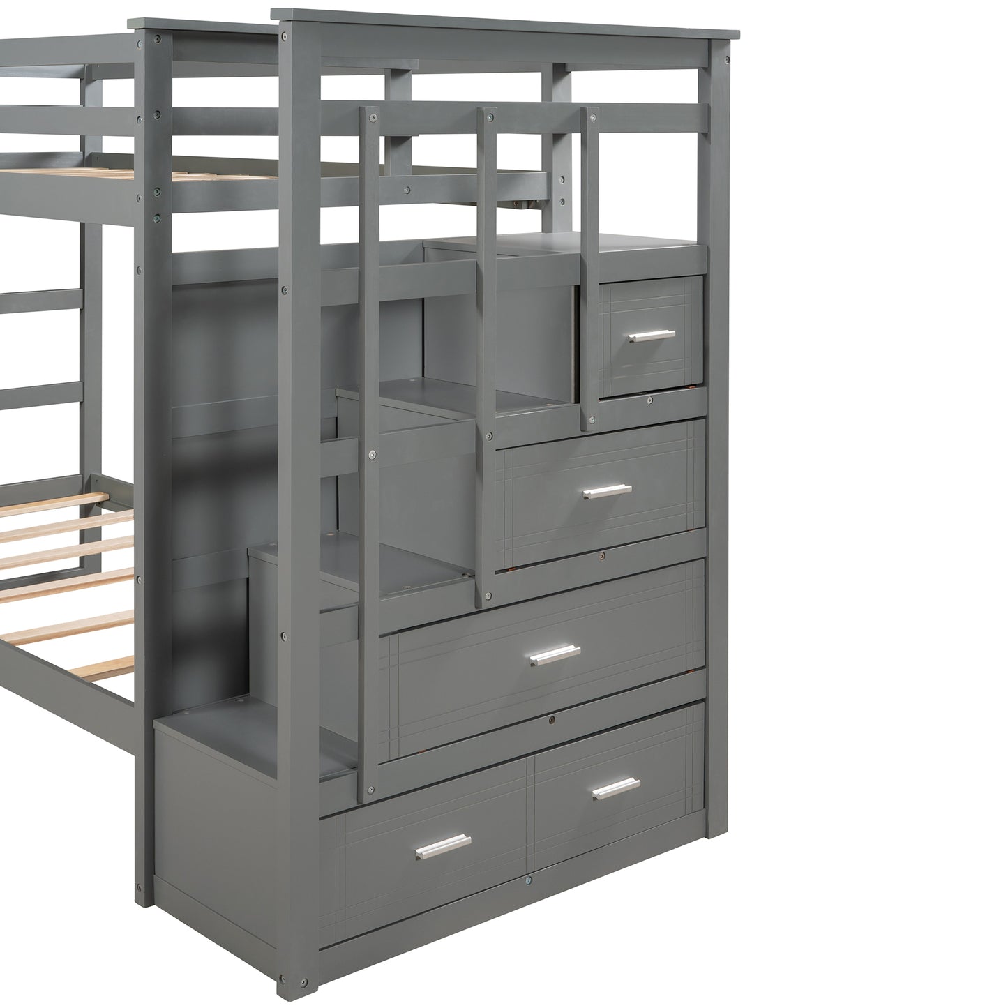 Solid Wood Bunk Bed, Hardwood Twin Over Twin Bunk Bed with Trundle and Staircase, Natural Gray Finish(Old SKU: LP000068AAE)