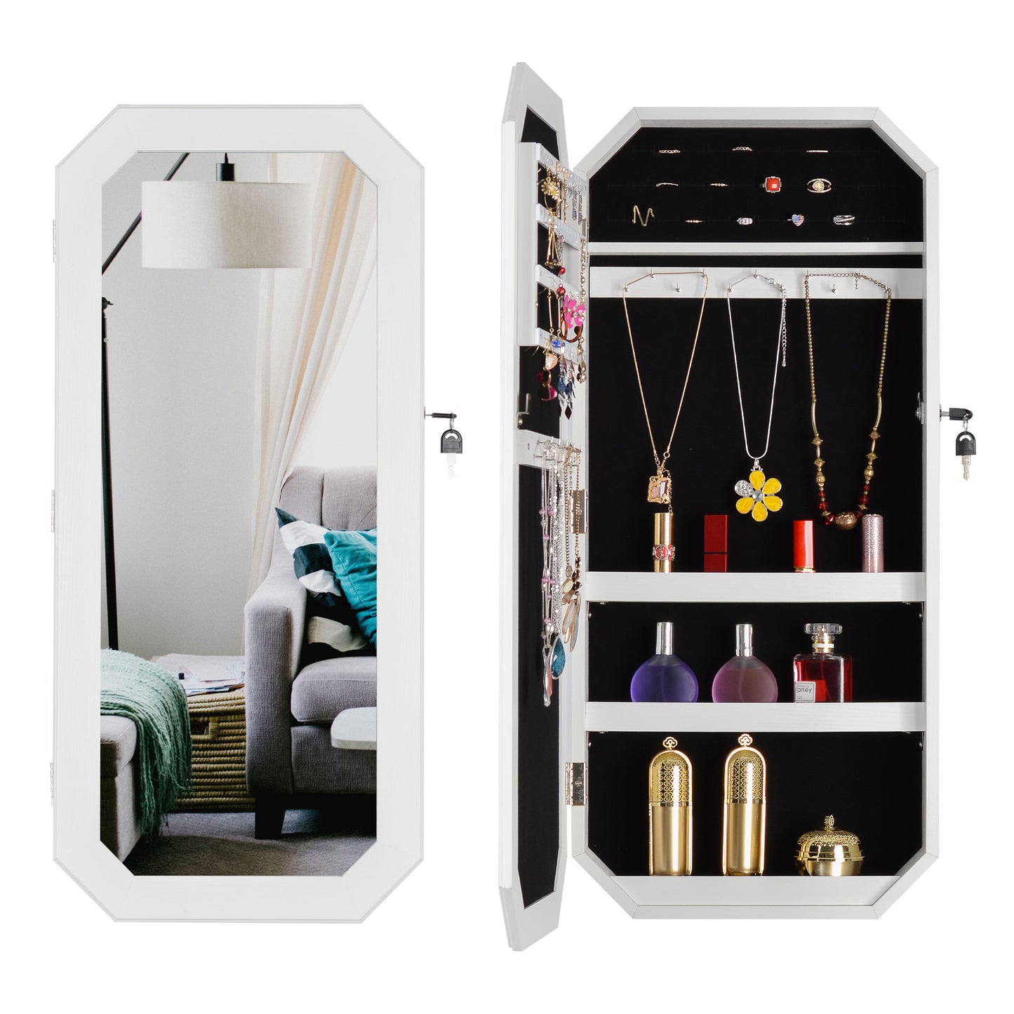 Octagon  Rimmed Mirror Fashion Simple Jewelry Storage Cabinet  Can Be Hung On The Door Or Wall