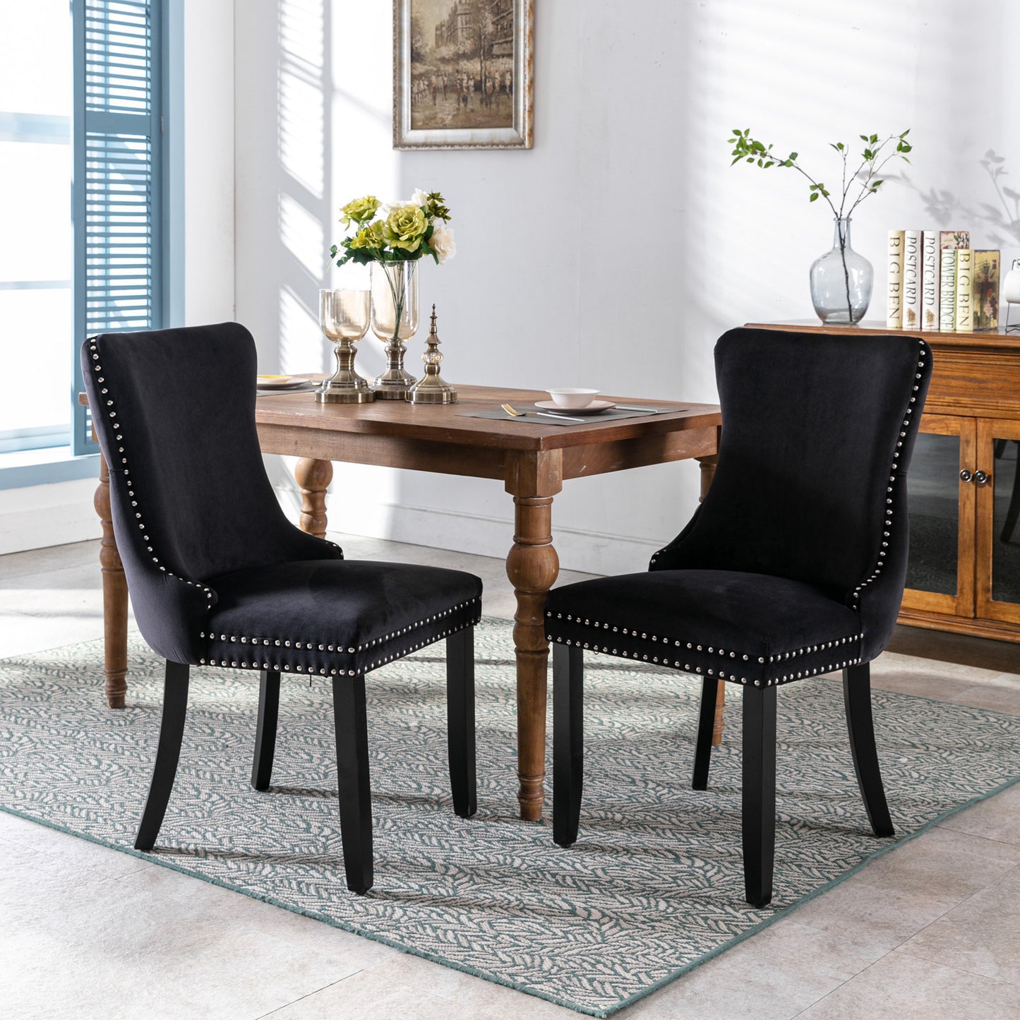 A&A Furniture,Upholstered Wing-Back Dining Chair with Backstitching Nailhead Trim and Solid Wood Legs,Set of 2, Black,8809BK, KD