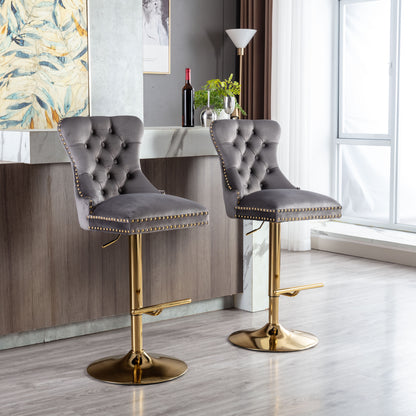 Swivel Bar Stools Chair Set of 2 Modern Adjustable Counter Height Bar Stools, Velvet Upholstered Stool with Tufted High Back & Ring Pull for Kitchen , Chrome Golden Base, Grey