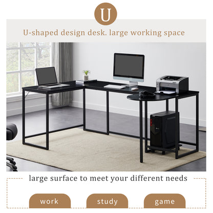 U-shaped Computer Desk, Industrial Corner Writing Desk with CPU Stand, Gaming Table Workstation Desk for Home Office (Black) (OLD SKU: WF198675AAB)