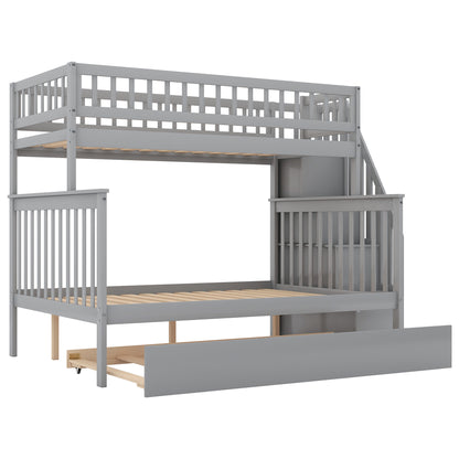 Twin over Full Bunk Bed with Trundle and Staircase,Gray