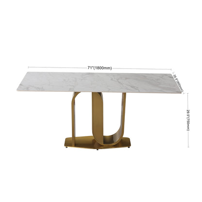 71" Contemporary Dining Table in Gold with Sintered Stone Top and  U shape Pedestal Base in Gold finish