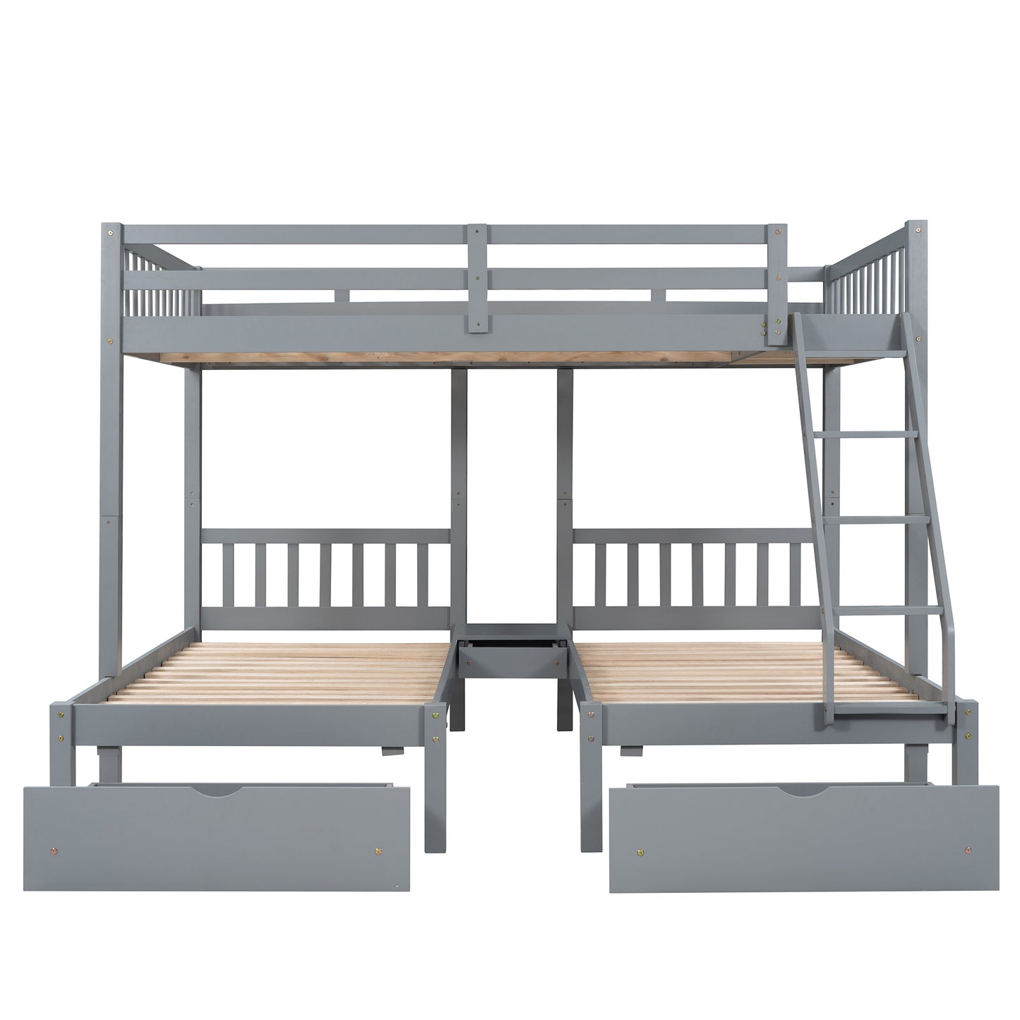 Full Over Twin & Twin Bunk Bed, Wood Triple Bunk Bed with Drawers and Guardrails  (Gray) （OLD SKU:LP000143AAE）