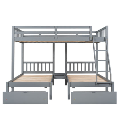 Full Over Twin & Twin Bunk Bed, Wood Triple Bunk Bed with Drawers and Guardrails  (Gray) （OLD SKU:LP000143AAE）