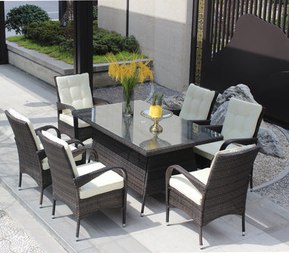 Patio 7-Piece Rectangular Dining Set with 6 Dining Chairs (Brown &Beige Cushion )