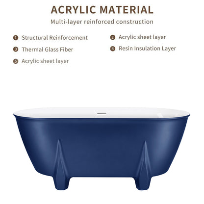 59" 100% Acrylic Freestanding Bathtub，Contemporary Soaking Tub，white inside and blue outside，Four corner bathtub