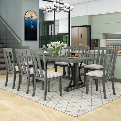 TREXM 9-Piece Retro Style Dining Table Set 78" Wood Rectangular Table and 8 Dining Chairs for Dining Room (Gray)