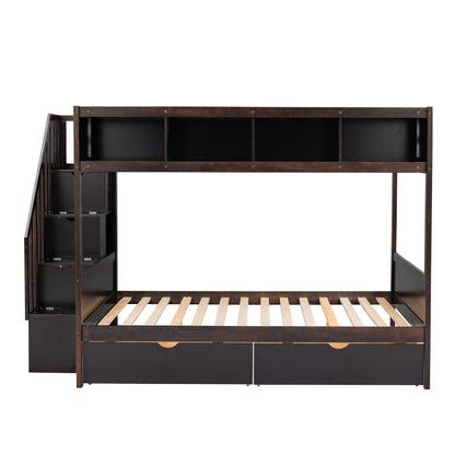 Twin over Full Bunk Bed with Shelfs, Storage Staircase and 2 Drawers, Espresso