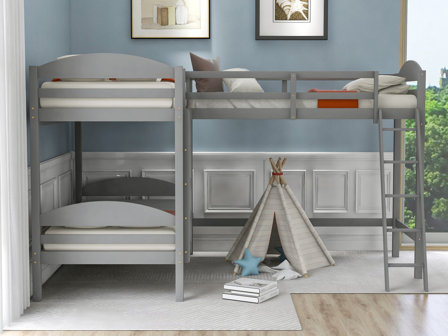 Twin L-Shaped Bunk Bed and Loft Bed - Gray