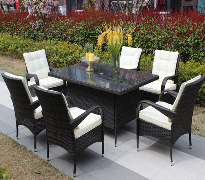 Patio 7-Piece Rectangular Dining Set with 6 Dining Chairs (Brown &Beige Cushion )