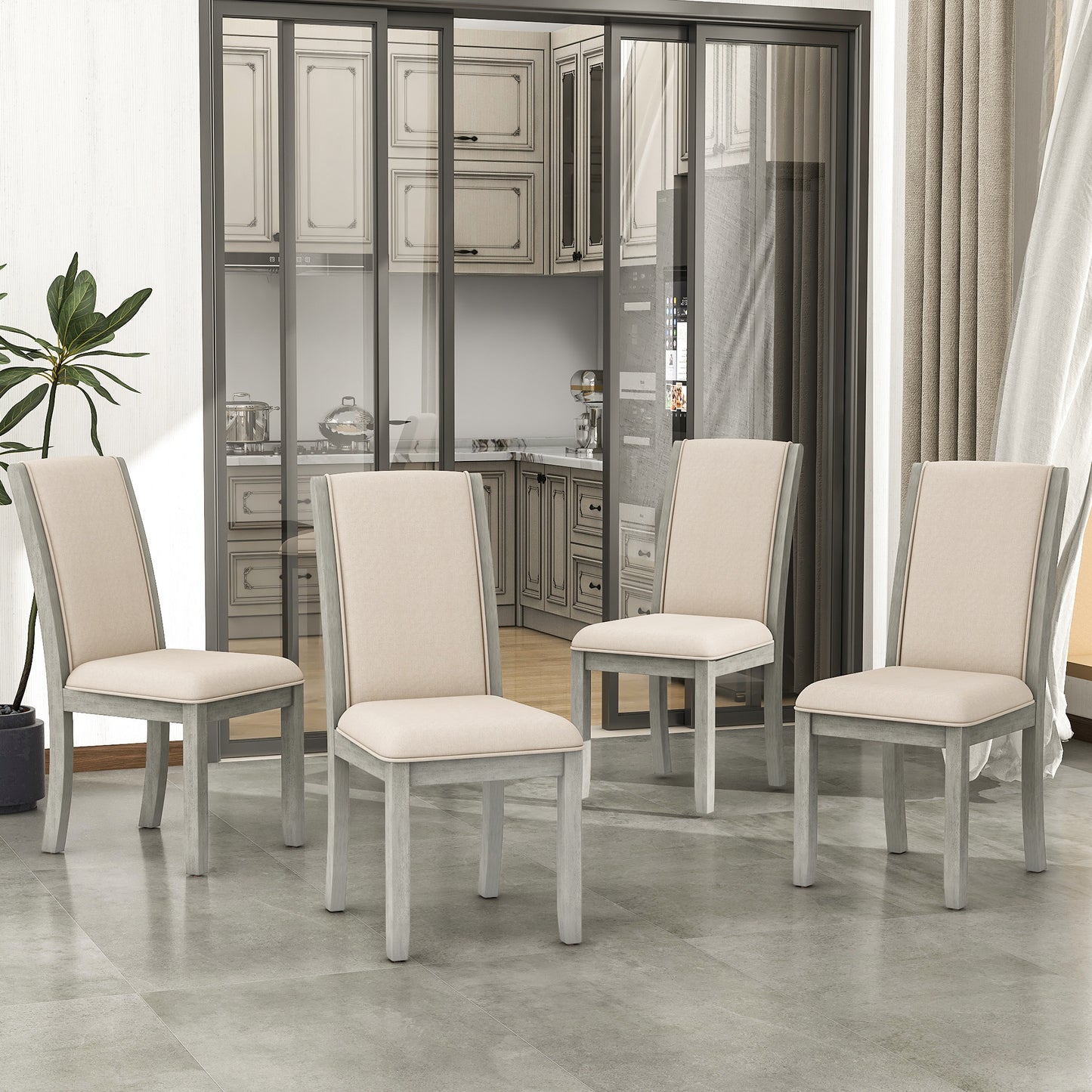 TOPMAX Farmhouse 4-Piece Wood Full Back Dining Chairs Set with Upholstered Cushions for Small Places, Gray+Cushion Beige