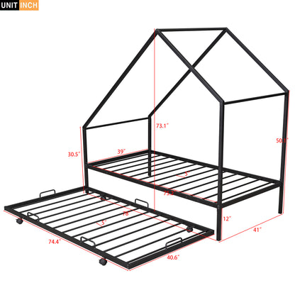 Metal House Bed With Trundle, Twin Size House  Bed Black