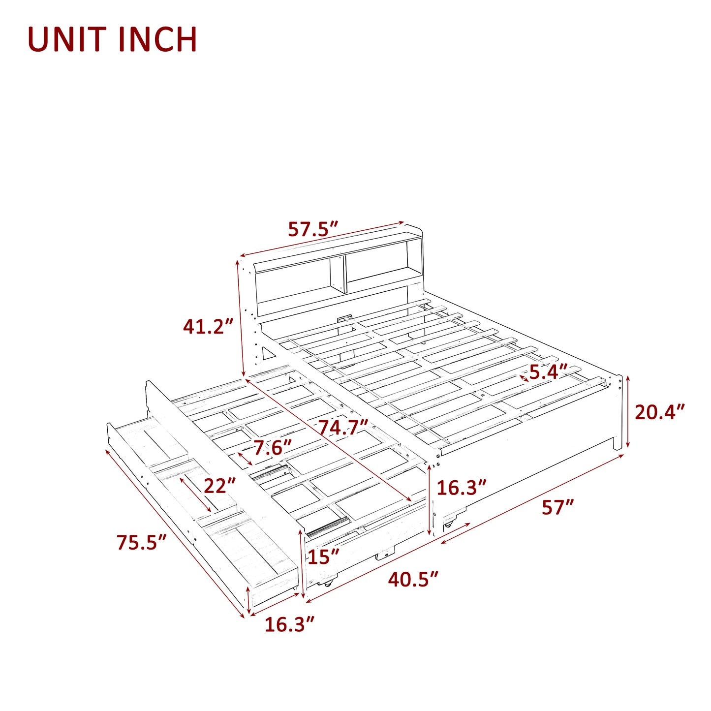 Full Bed with Bookcase,Twin Trundle,Drawers,Espresso