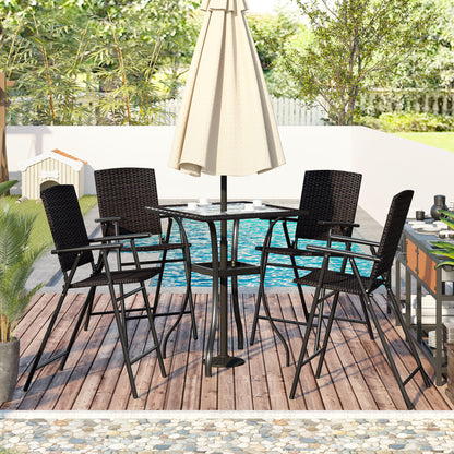 TOPMAX Outdoor Patio PE Wicker 5-Piece Counter Height Dining Table Set with Umbrella Hole and  4 Foldable Chairs, Brown