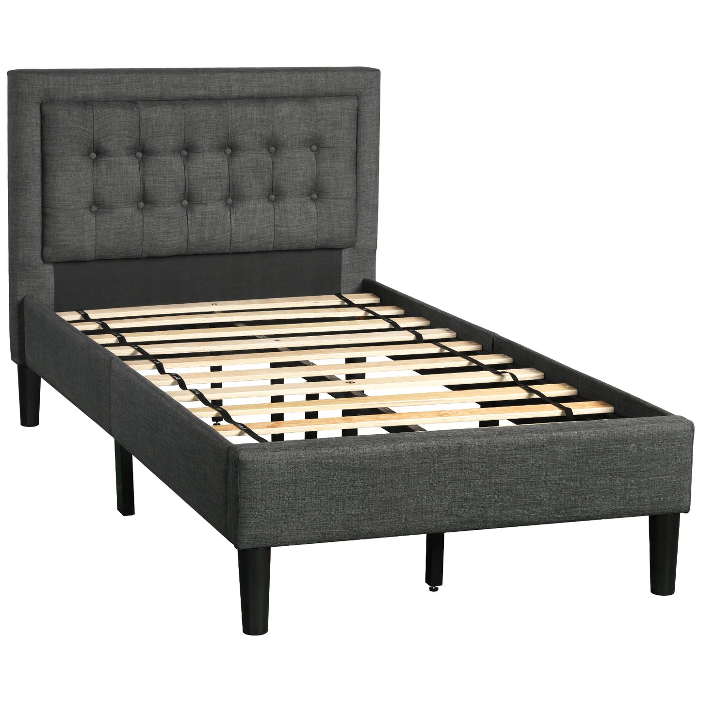 Upholstered Button-Tufted Platform Bed with Strong Wood Slat Support (Twin, Gray)