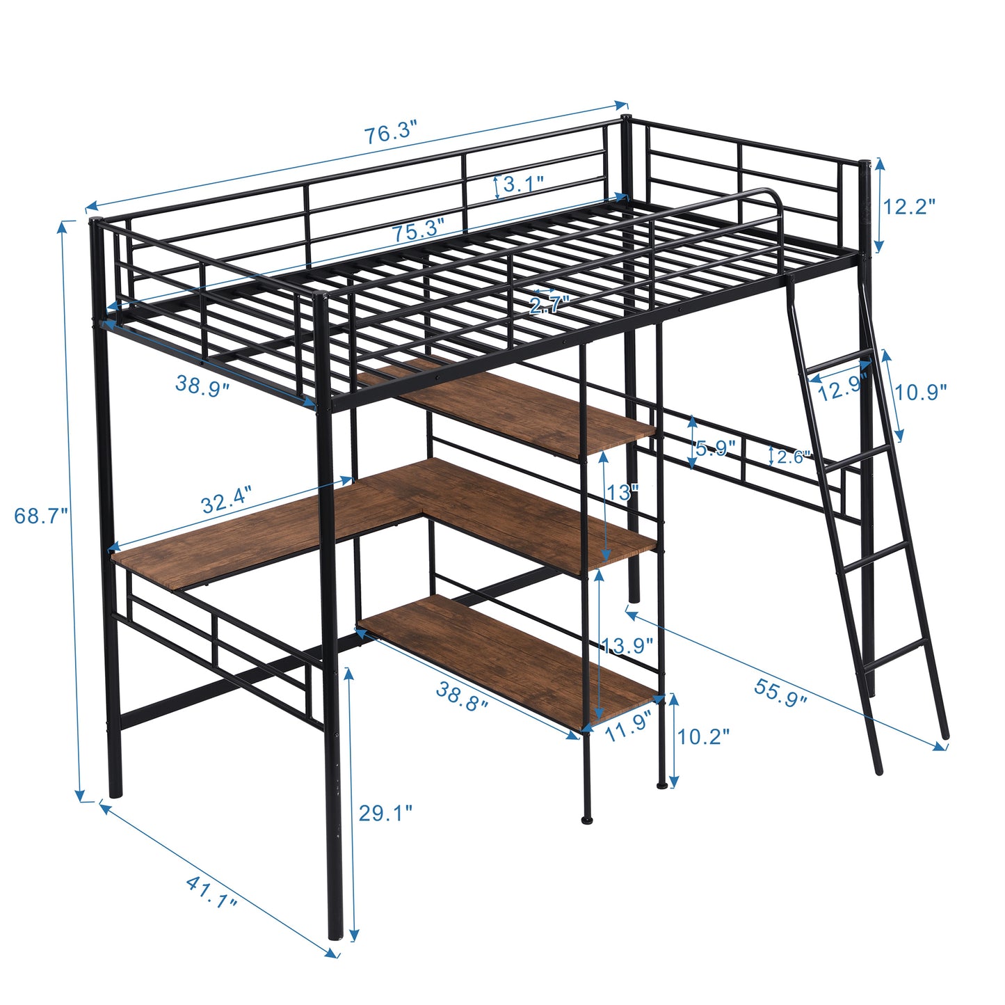 Twin Size Metal Loft Bed and Built-in Desk and Shelves,Black(OLD DKU:WF280270AAB)