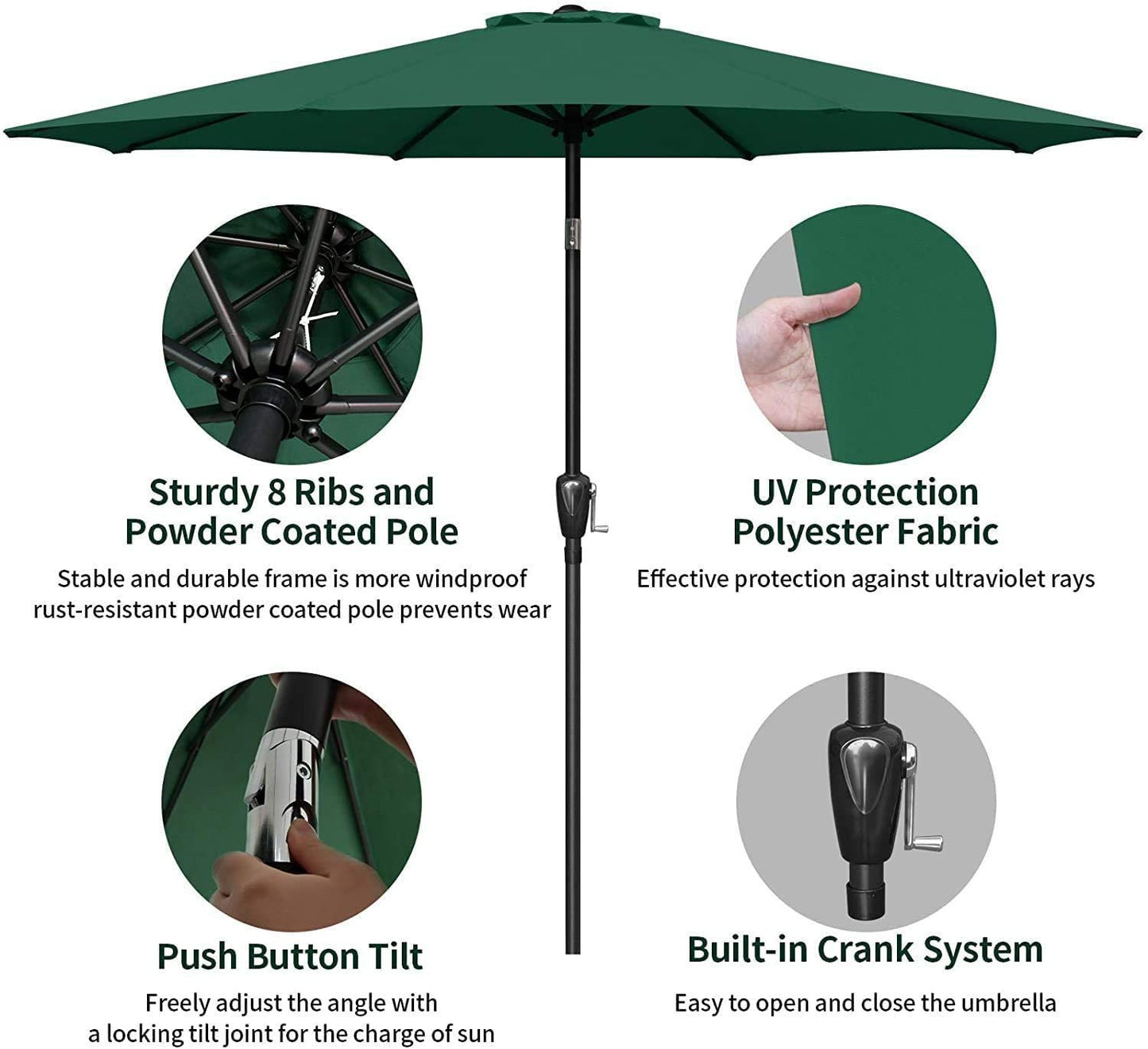 Simple Deluxe 9ft Outdoor Market Table Patio Umbrella with Button Tilt, Crank and 8 Sturdy Ribs for Garden, Green