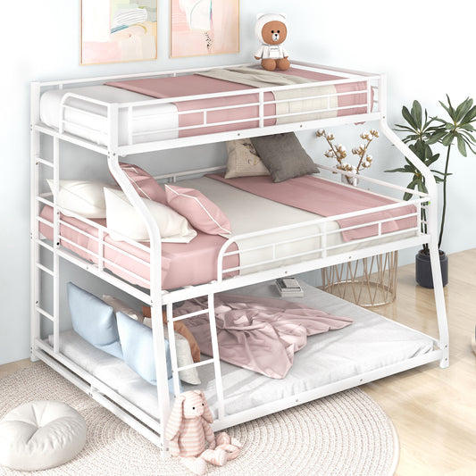 Twin XL/Full XL/Queen Triple Bunk Bed with Long and Short Ladder and Full-Length Guardrails,White