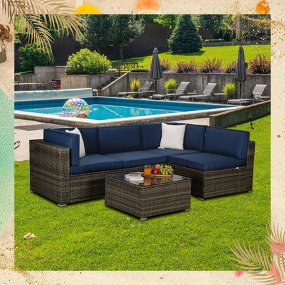 Outdoor Garden Patio Furniture 5-Piece Dark Gray PE Rattan Wicker Sectional Navy Cushioned Sofa Sets with 2 Begie Pillows