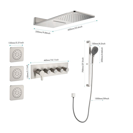 Shower System Square Bathroom Luxury Rain Mixer Shower Combo Set Pressure Balanced Shower System with Shower Head, Hand Shower, Slide Bar, Shower Arm, Hose, and Valve Trim