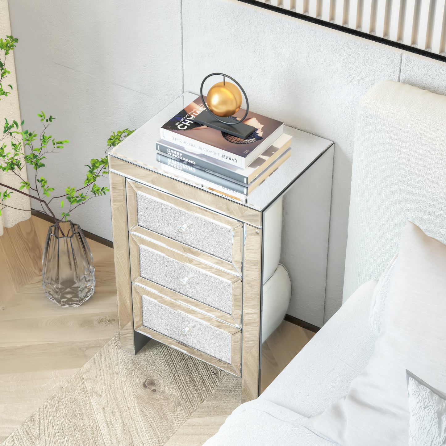 Mirrored Nightstand, Silver Bedside Tables, Mirrored End Table Side Table for Bedroom Living Room