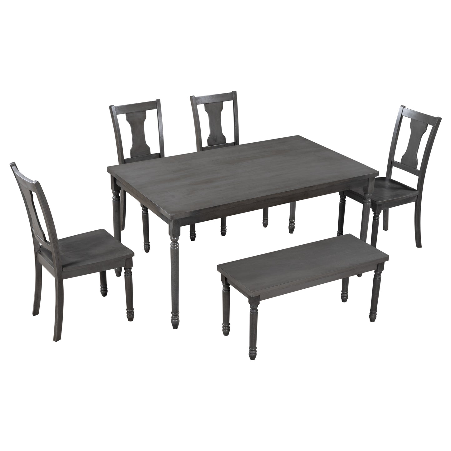 TREXM Classic Dining Set Wooden Table and 4 Chairs with Bench for Kitchen Dining Room, Gray (Set of 6)