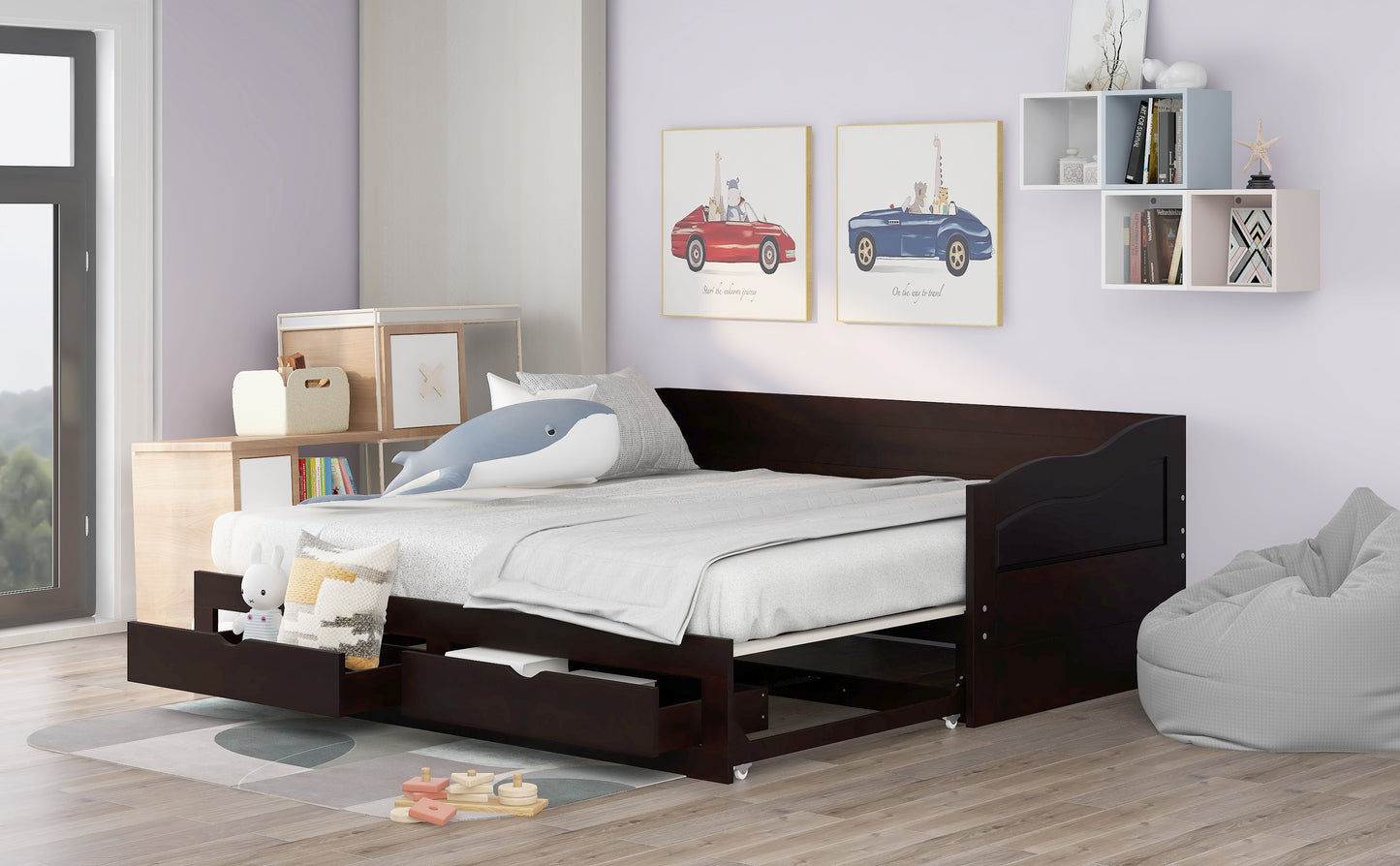 Wooden Daybed with Trundle Bed and Two Storage Drawers , Extendable Bed Daybed,Sofa Bed with Two Drawers, Espresso