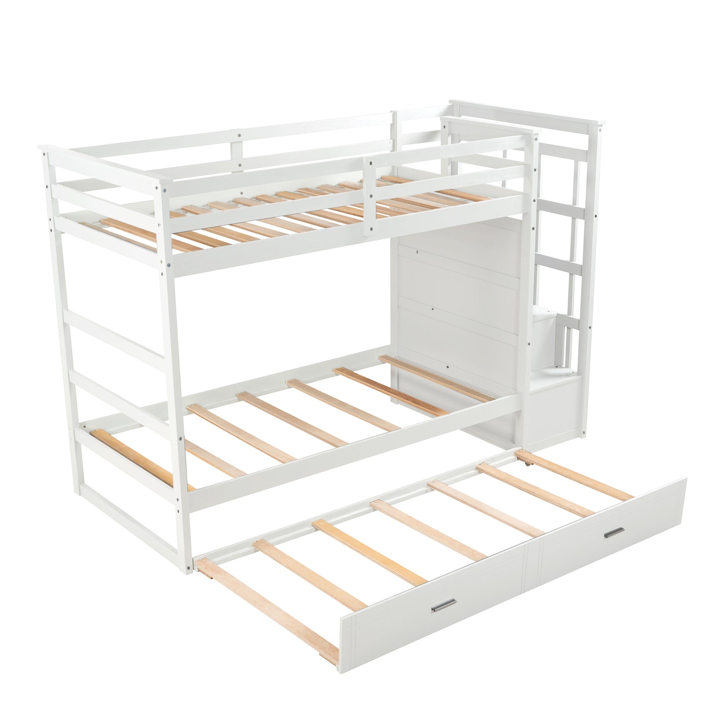 Solid Wood Bunk Bed, Hardwood Twin Over Twin Bunk Bed with Trundle and Staircase, Natural White Finish(OLD SKU :LP000068AAP)