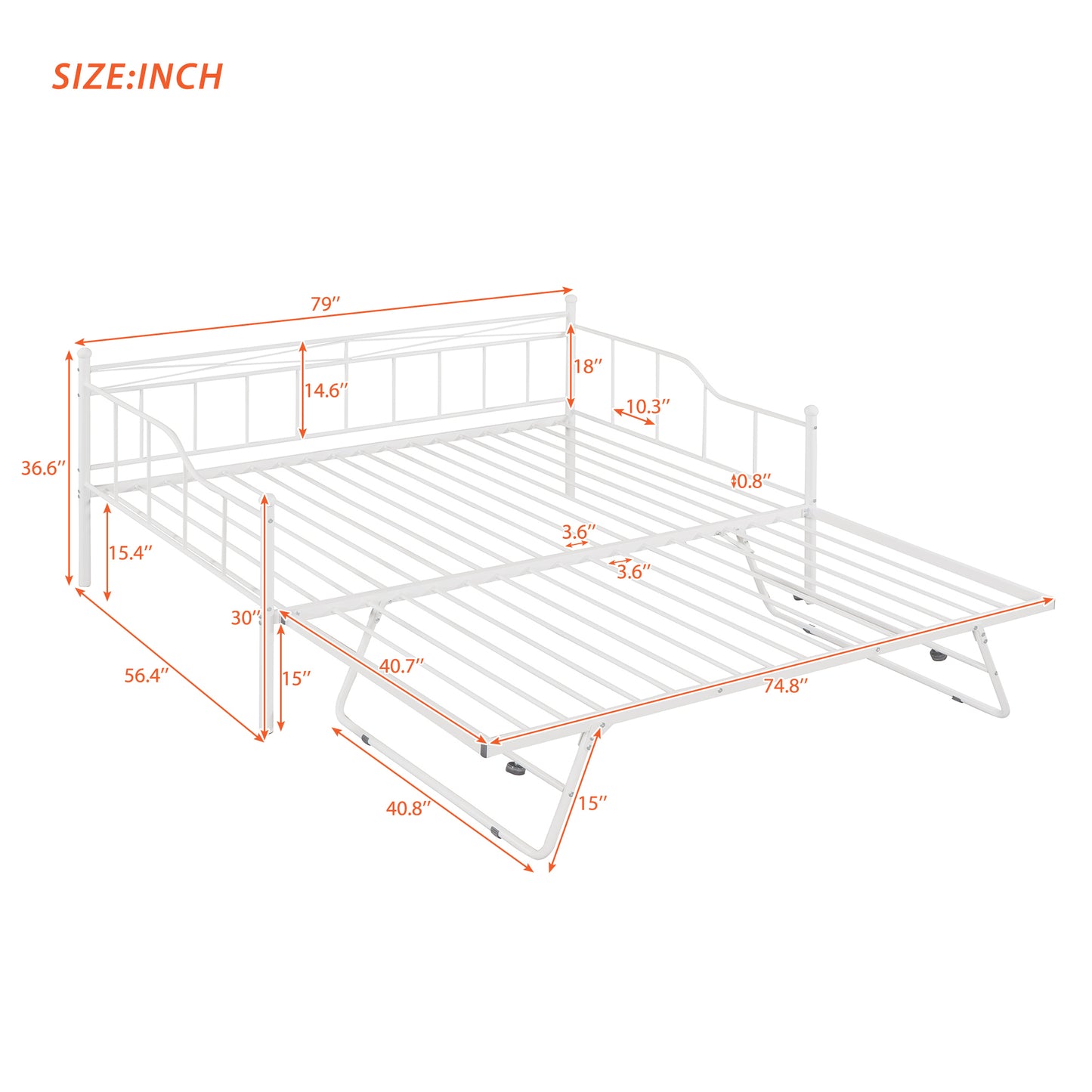 Full Size Metal Daybed with Twin Size Adjustable Trundle, Portable Folding Trundle, White