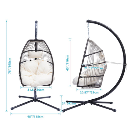 Outdoor Patio Wicker Folding Hanging Chair,Rattan Swing Hammock Egg Chair With C Type Bracket , With Cushion And Pillow