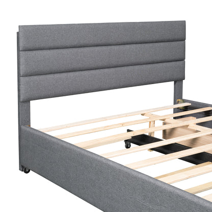 Queen Upholstered Platform Bed with Trundle and Two Drawers,Grey