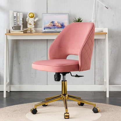 Modern Home Velvet Office Chairs, Adjustable 360 °Swivel Chair Engineering Plastic Armless Swivel Computer Chair With Wheels for Living Room, Bed Room Office Hotel Dining Room .Pink