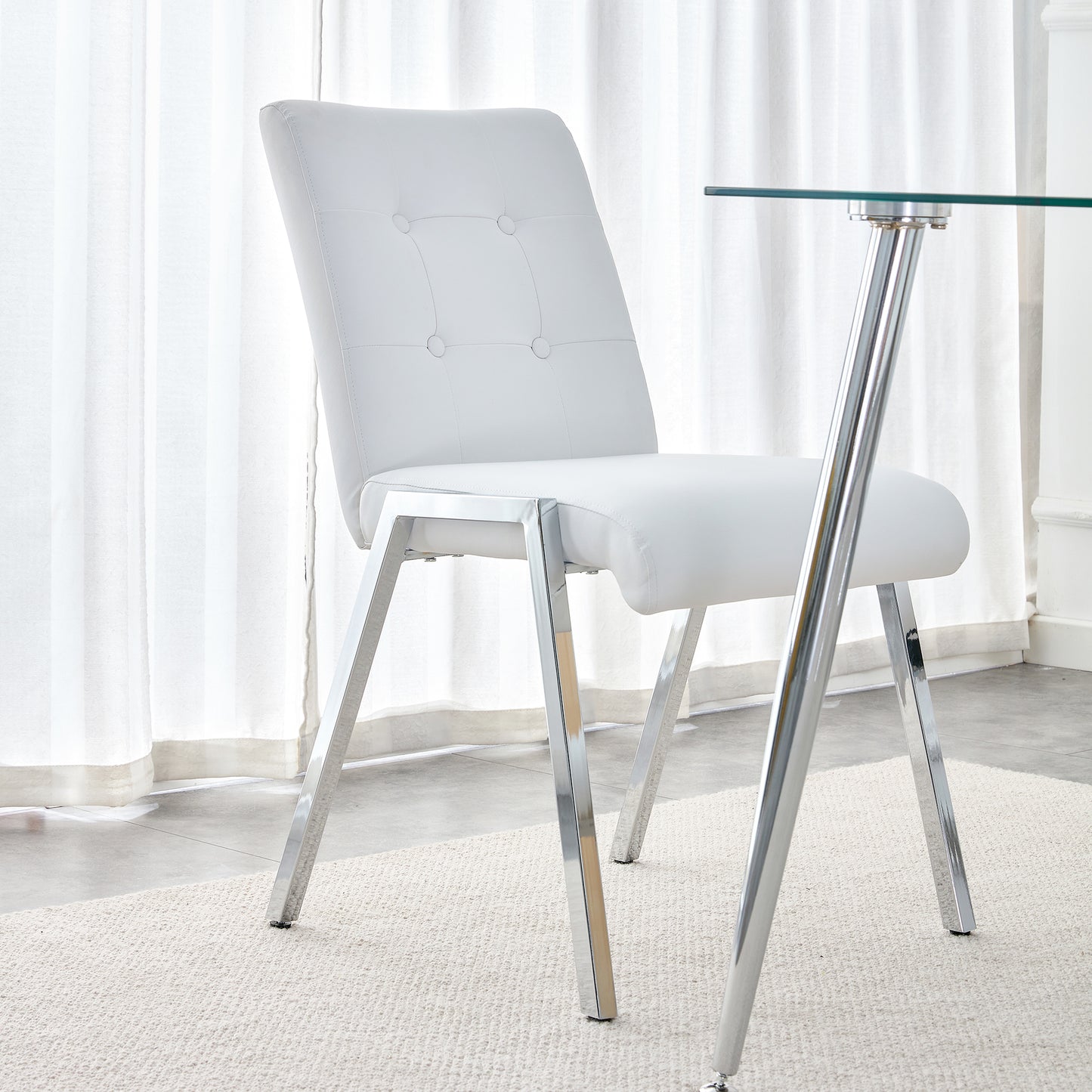 Grid shaped armless high back dining chair,2-piece set, office chair. Applicable to dining room, living room, kitchen and office.White  Chair and Electroplated metal leg