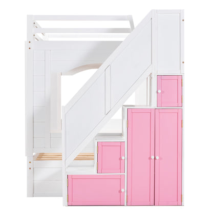 Full Over Full Bunk Bed with Trundle ,Stairs,Ladders Solid Wood Bunk bed with Storage Cabinet （White + Pink）