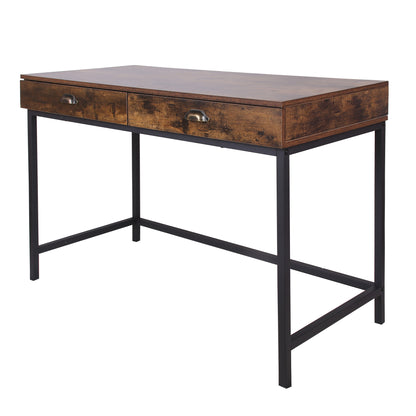 Industrial Grained Wooden Computer Desk with 2 Drawers, Brown and Black